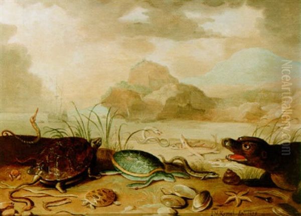 A Beach Scene With A Still Life Of Turtles, Fish, A Crab, Shells And A Seal, All On A Beach With A Ship Beyond Oil Painting by Jan van Kessel the Elder