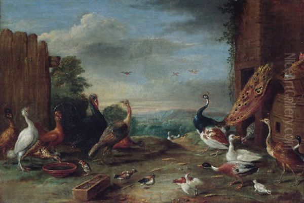 A Landscape With Peacocks, Hens, Ducks, A Turkey And Other Fowl Oil Painting by Jan van Kessel the Elder