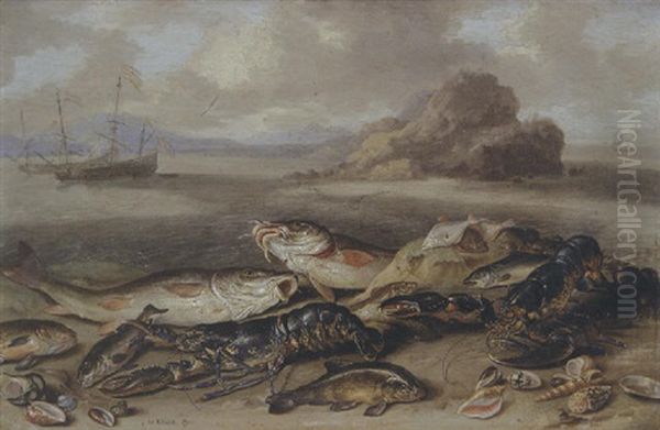 Lobsters, Red Mullet, Halibut, Flounder And Other Fish, With Sea Shells On The Beach, Shipping Beyond Oil Painting by Jan van Kessel the Elder