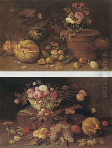 Still Life Of Roses And Tulips In A Blue-and-white Porcelain Bowl Together With Butterflies, Honey Melons, Grapes, Peaches And Pomegranates Oil Painting by Jan van Kessel the Elder