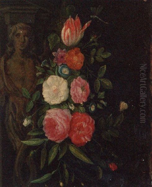 A Garland Of Flowers With Butterflies And A Dragonfly, Hanging Before A Sculpted Doorway Oil Painting by Jan van Kessel the Elder