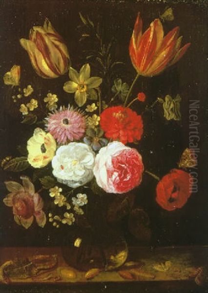 A Still Life Of Roses, Tulips, Narcissi, Peonies, A White Poppy And A Sprig Of Rosemary With Other Flowers In A Glass Vase Surrounded By Numerous Insects On A Stone Ledge Oil Painting by Jan van Kessel the Elder