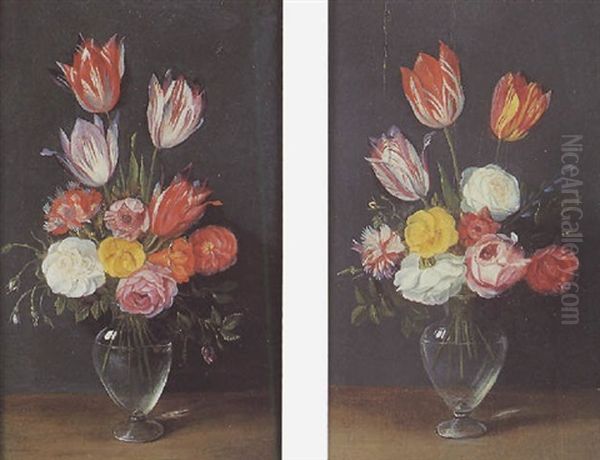 Bouquet De Tulipes, Roses Et Oeillets Dans Un Vase En Verre Oil Painting by Jan van Kessel the Elder