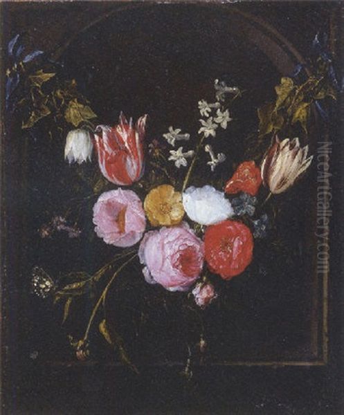 A Swag Of Roses, Tulips, An Anemone And Other Flowers With A Butterfly At A Feigned Stone Niche Oil Painting by Jan van Kessel the Elder