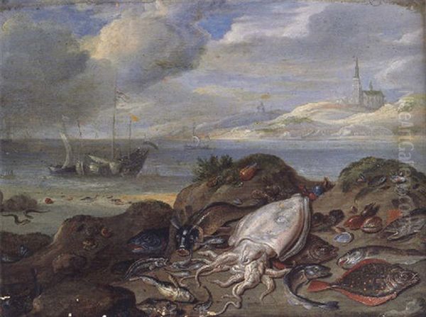 Cuttle-fish, Plaice, Cod, Oysters, Mussels And Other Fish On A Dune, A River Estuary With Shipping Beyond Oil Painting by Jan van Kessel the Elder