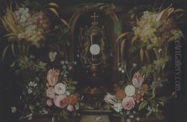 Still Life Of Various Flowers And Grapes Encircling A Reliquary Containing The Host, Set Within A Stone Niche Oil Painting by Jan van Kessel the Elder