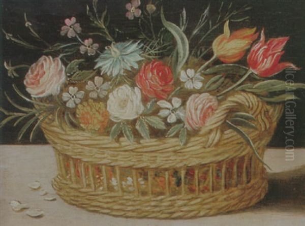 Still Life Of Roses, Tulips, Chyrsanthemums And Cornflowers, In A Wicker Basket, Upon A Ledge Oil Painting by Jan van Kessel the Elder