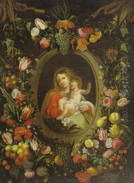 Die Madonna Mit Dem Christkind Im Blumen- Und Fruchtekranz Oil Painting by Jan van Kessel the Elder