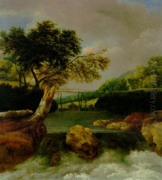 A Waterfall In A Wooded Landscape, A Bridge Beyond Oil Painting by Jan van Kessel the Elder