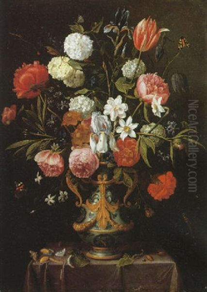 A Still Life Of Irises, Peonies, Narcissi, A Tulip And Other Flowers In A Blue And White Porcelain Vase With Insects Beside Oil Painting by Jan van Kessel the Elder