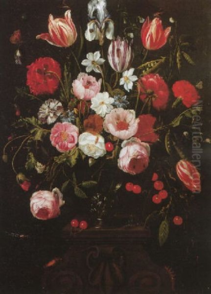 A Still Life Of Roses, Tulips, Narcissi, Peonies And Other Flowers With A Sprig Of Cherries In A Roemer Surrounded By Insects Oil Painting by Jan van Kessel the Elder