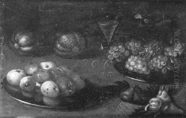 Nature Morte Aux Plats De Pommes, Raisins Et Verre De Vin Sur Un Entablement Oil Painting by Jan van Kessel the Elder