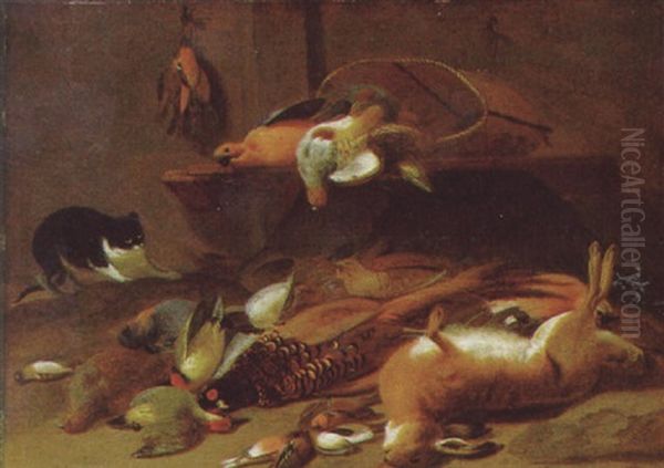 Stilleben Mit Erlegtem Federwild Und Hasen, Mit Einer Schwartz-weis Gefleckten Katze Oil Painting by Jan van Kessel the Elder