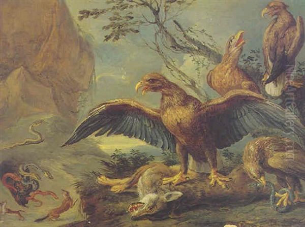 Eagles Attacking A Snake And A Fox Oil Painting by Jan van Kessel the Elder