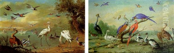 Two Spoonbills, A Heron, Swans, Moorhens, Bullfinches, Kingfishers, A Swallow And Other Birds In A Coastal Landscape Oil Painting by Jan van Kessel the Elder