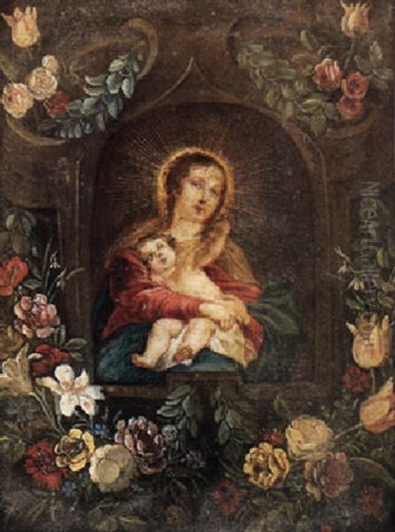 The Virgin And Child In A Stone Niche Adorned With Flowers Oil Painting by Jan van Kessel the Elder