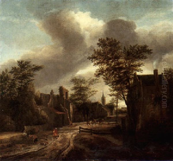 Figures On A Track Running Through A Village, A Church Spire Beyond Oil Painting by Jan van Kessel the Elder