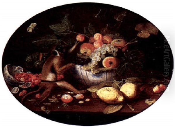 Still Life Of Various Fruits In Blue-and-white Porcelain Bowls With A Monkey And Various Insects Oil Painting by Jan van Kessel the Elder