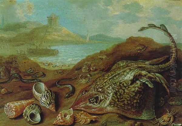 A Beach Scene With A Still Life Of Various Fish Including A Thornback Ray, Eels, Crabs And Other Shellfish Oil Painting by Jan van Kessel the Elder