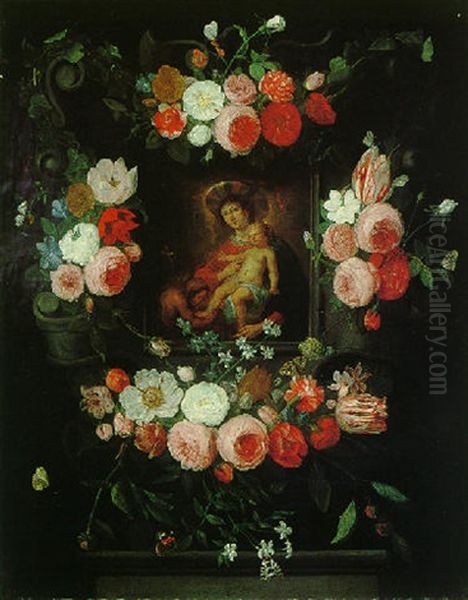 A Still Life Of Flowers And Insects Surrounding A Stone Cartouche Containing The Virgin And Child With The Infant Saint John The Baptist Oil Painting by Jan van Kessel the Elder