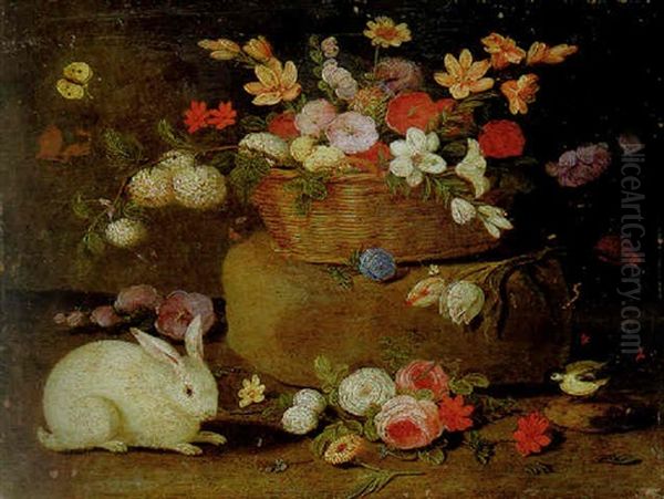 Roses, Dahlias, Paeonies, Tulips And Other Flowers In A Basket On A Stone Seat, With A White Rabbit, A Great Tit And A Butterfly Oil Painting by Jan van Kessel the Elder