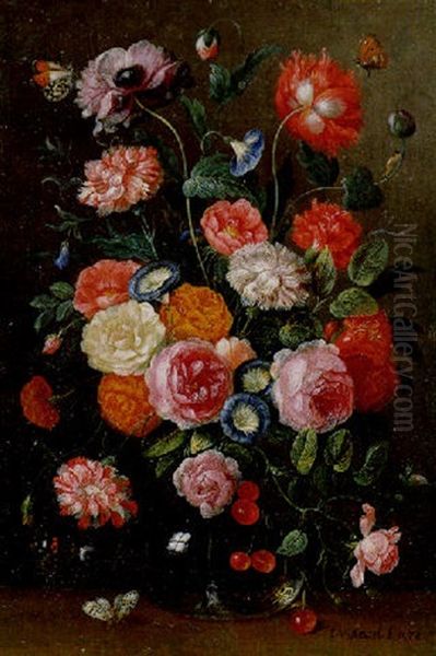 Roses, Carnations, And Other Flowers And Fruit On A Glass Vase With Other Objects And A Butterfly On A Table Oil Painting by Jan van Kessel the Elder