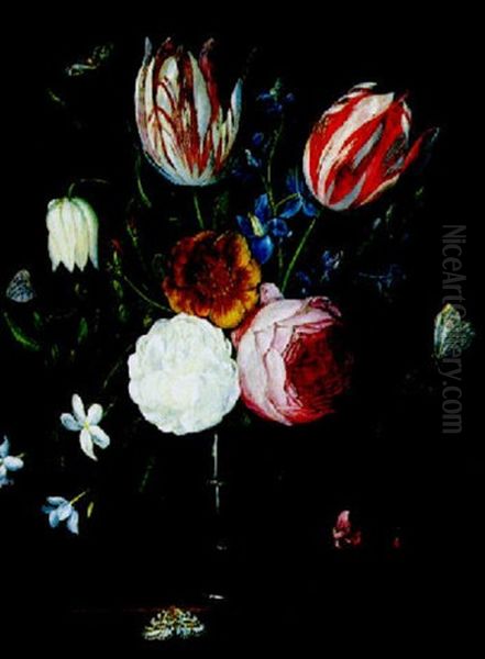 Bouquet De Fleurs Dans Un Vase En Verre Pose Sur Une Table Oil Painting by Jan van Kessel the Elder