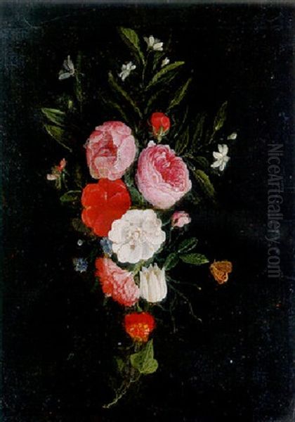 A Swag Of Roses, Carnations And Other Flowers Oil Painting by Jan van Kessel the Elder