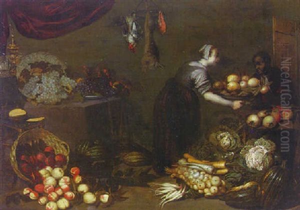 A Larder With A Maid Receiving A Basket Of Fruit From A Servant Oil Painting by Jan van Kessel the Elder