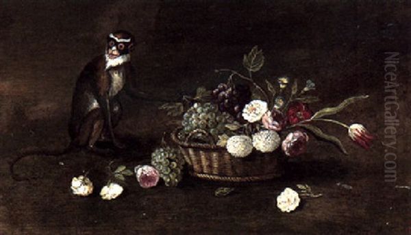 A Still Life Of A Basket Of Fruit And Flowers And A Monkey Oil Painting by Jan van Kessel the Elder