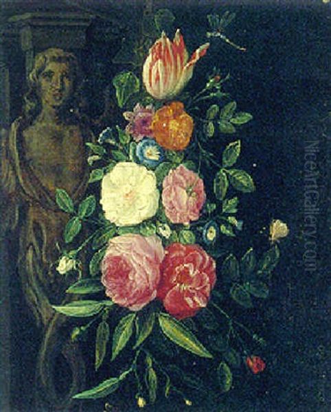 A Garland Of Flowers With Butterflies And A Dragonfly, Hanging Before A Sculpted Doorway Oil Painting by Jan van Kessel the Elder