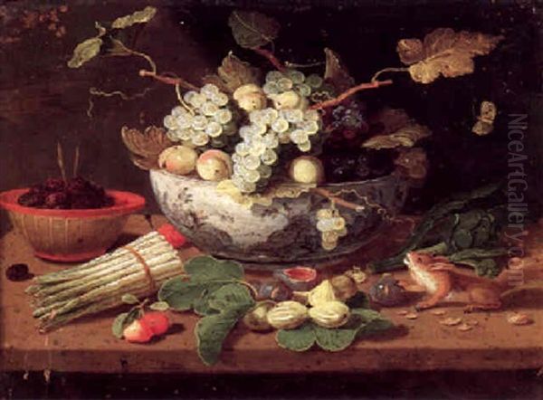 Still Life Of Grapes And Plums In A Blue And White Bowl, A Bundle Of Asparagus, Figs, An Artichoke, A Bowl Of Berries And A Squirrel, All On A Ledge Oil Painting by Jan van Kessel the Elder