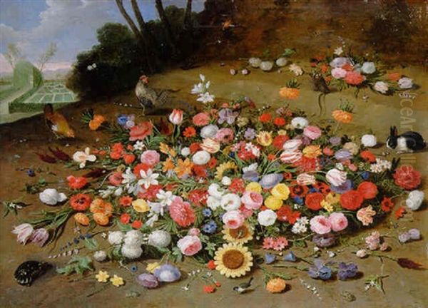 Parrot Tulips, Roses, Sunflowers And Other Flowers, With Chickens, A Tortoise And Other Animals On A Hillside Oil Painting by Jan van Kessel the Elder