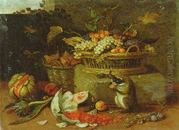 A Pumpkin, An Artichoke, A Basket Of Pears, Raspberries Spilling Out Of A Chipped Bowl, A Basket Of Fruit On A Stone Block And A Monkey Nibbling A Peach Oil Painting by Jan van Kessel the Elder