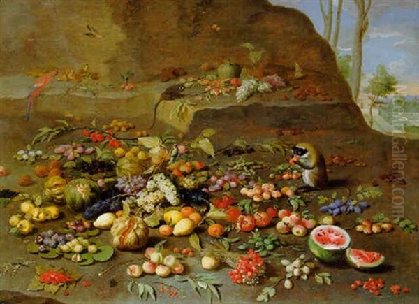 Apples, Peaches, Oranges And Other Fruit On A Hillside With Monkeys, A Parrot And A Jay Oil Painting by Jan van Kessel the Elder