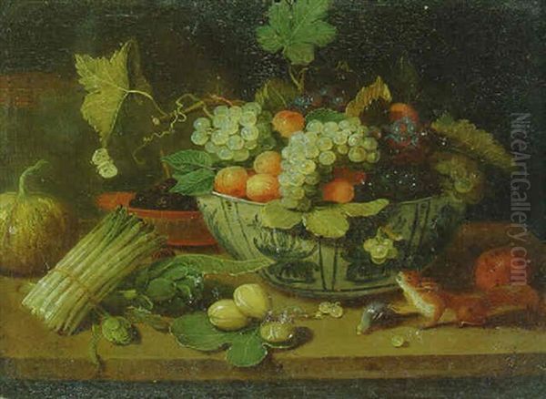 A Bowl Of Fruit, A Bundle Of Asparagus And Other Fruit And Vegetables With A Squirrel On A Ledge Oil Painting by Jan van Kessel the Elder