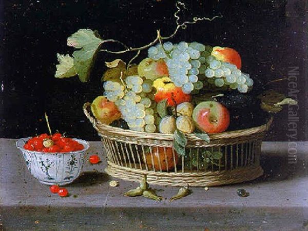 Nature Morte De Fruits Dans Une Corbeille Et Un Bol De Porcelaine Sur Un Entablement Oil Painting by Jan van Kessel the Elder