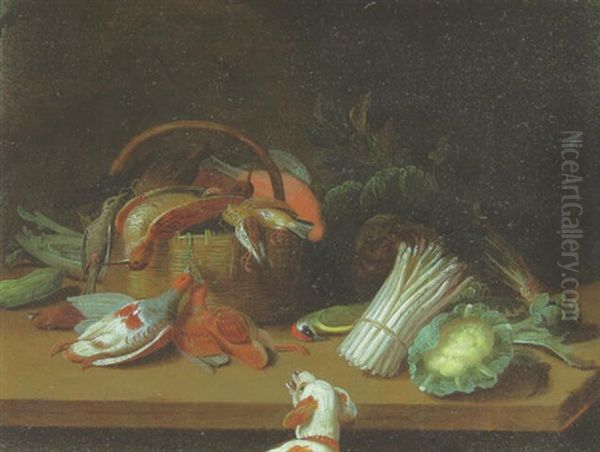 Partridges, A Woodcock And Others Birds In A Basket, Cabbage And Others Vegetables On A Table, A Dog Looking On Oil Painting by Jan van Kessel the Elder