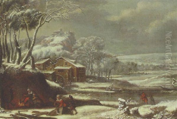 A Winter Landscape With Peasants By A Fire, Watermill Beyond Oil Painting by Jan van Kessel the Elder