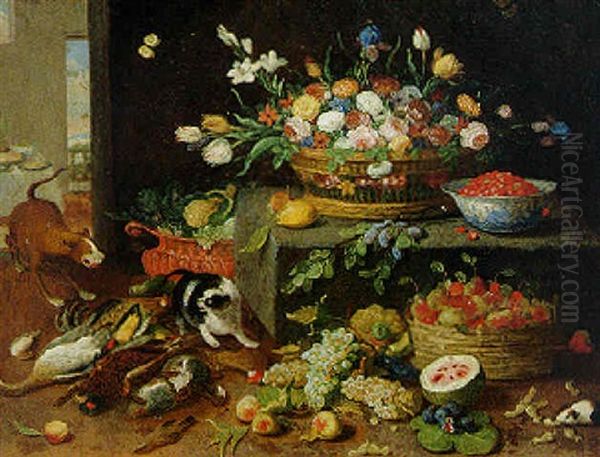 Chat Et Chien Se Disputant Dans Un Garde Manger Oil Painting by Jan van Kessel the Elder