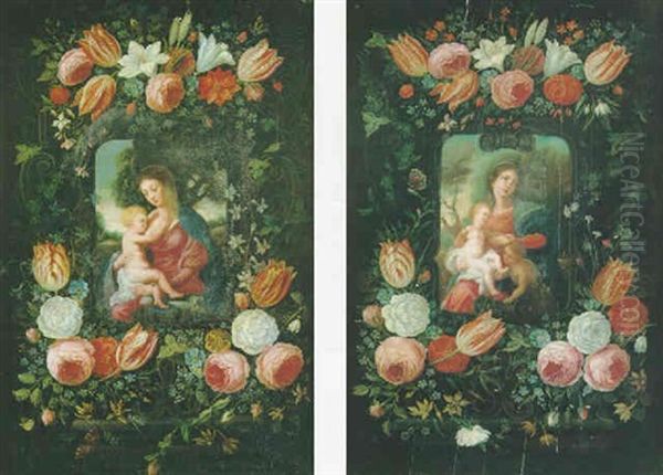 Vierge A L'enfant Et Saint Jean Baptiste Dans Une Guirlande De Fleurs Oil Painting by Jan van Kessel the Elder