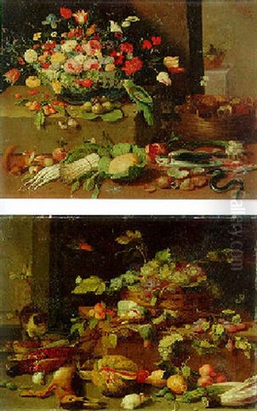 Larder Scene With Fruit, Flowers, Game And Fish With Baskets Of Fruit And Flowers Oil Painting by Jan van Kessel the Elder