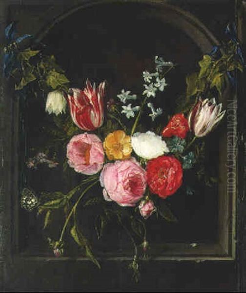 Swags Of Ivy, Pink, White And Red Roses, Parrot Tulips, And Other Flowers Oil Painting by Jan van Kessel the Elder