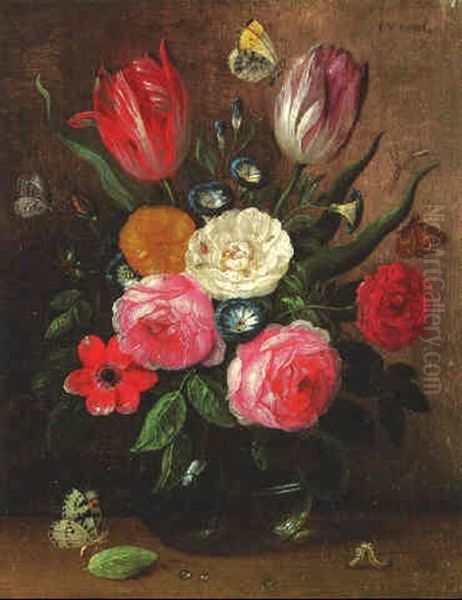 Flowers In A Vase With Butterflies, A Moth, Dragon Fly And A Caterpillar On A Ledge Oil Painting by Jan van Kessel the Elder