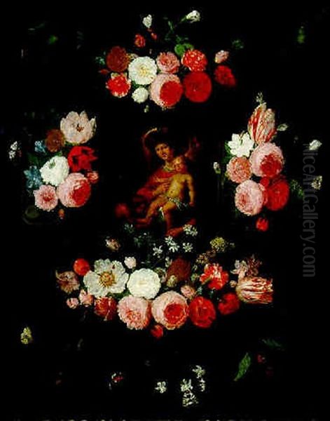 Still Life Of Flowers And Insects Surrounding A Stone Cartouche Containing The Virgin And Child With The Infant St. John The Baptist Oil Painting by Jan van Kessel the Elder