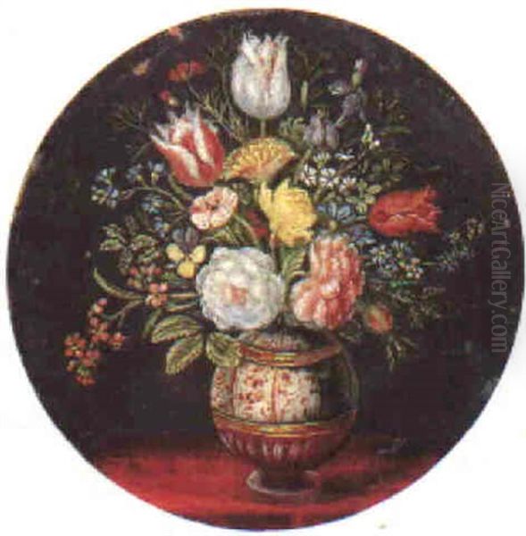 Still Life Of Flowers In A Vase On A Table Draped With A Red Cloth Oil Painting by Jan van Kessel the Elder