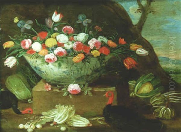 Still Life Of Vegetables, Flowers In A Porcelain Bowl, With Turkeys In A Landscape Oil Painting by Jan van Kessel the Elder