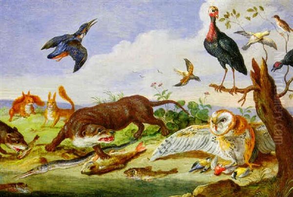 An Otter And An Owl Guarding Their Catches On A Beach, Turkeys On A Branch And A Kingfisher In Flight Above Oil Painting by Jan van Kessel the Elder