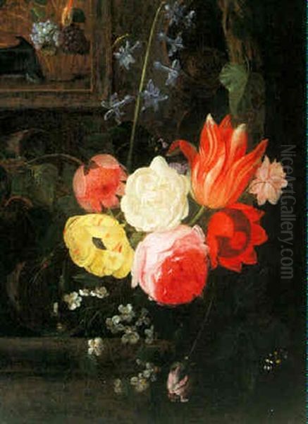 Still Life Of Flowers On A Stone Ledge With A Painting Of A Bowl Of Fruit And Flowers Oil Painting by Jan van Kessel the Elder