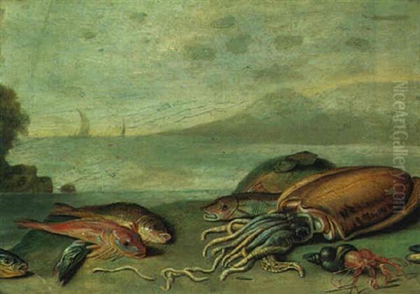 Still Life Of Fish On A Seashore Oil Painting by Jan van Kessel the Elder